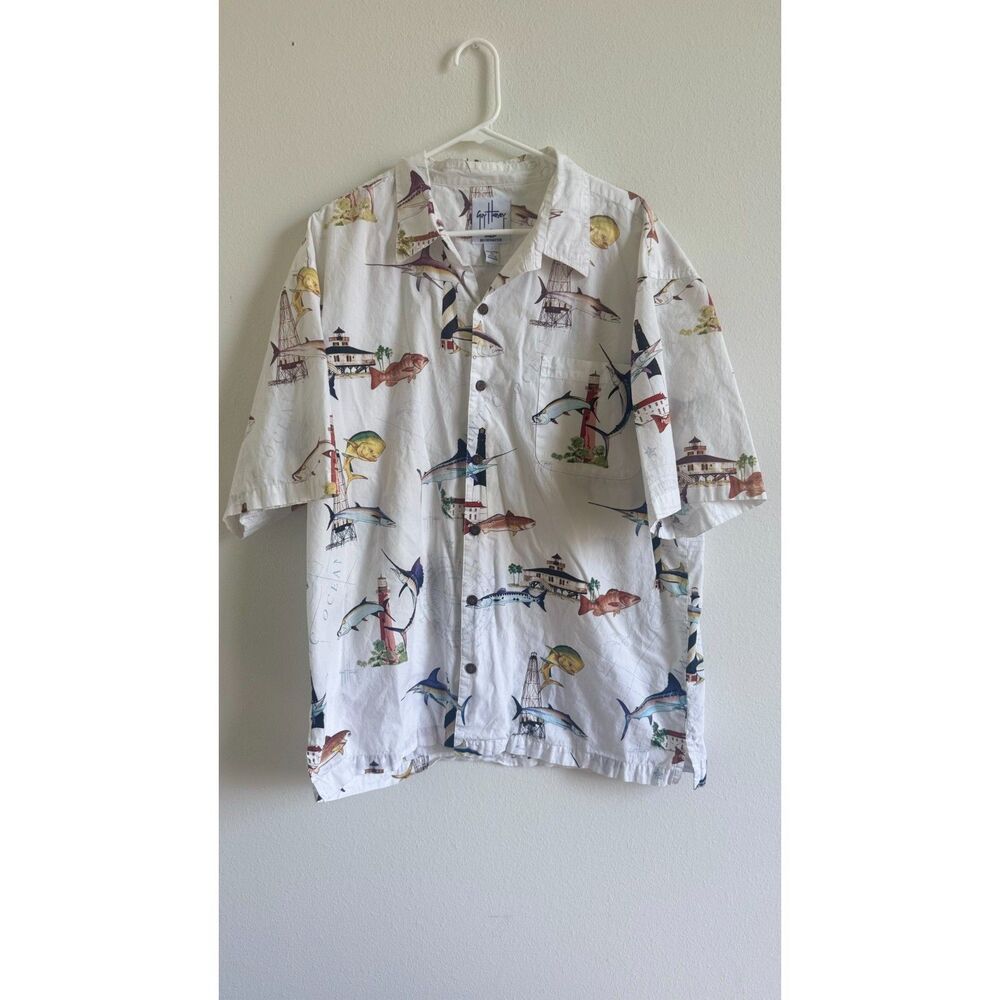 Guy Harvey AFTCO Bluewater Mens Fishing Shirt Fish Lighthouse Nautical Print